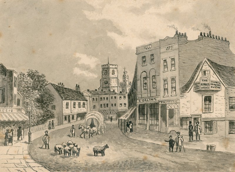 Hackney, mirando hacia la iglesia, en 1840 de English School