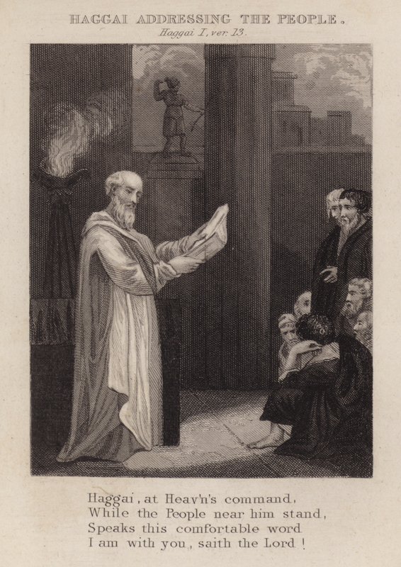 Hageo dirigiéndose al pueblo, Hageo I, ver 13 (grabado) de English School
