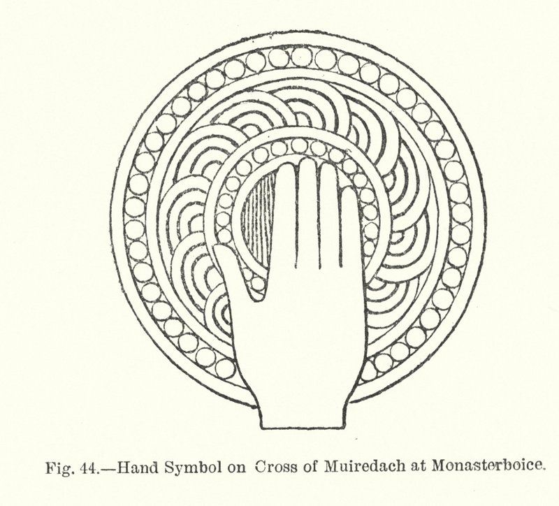Símbolo de la mano en la cruz de Muiredach en Monasterboice (grabado) de English School