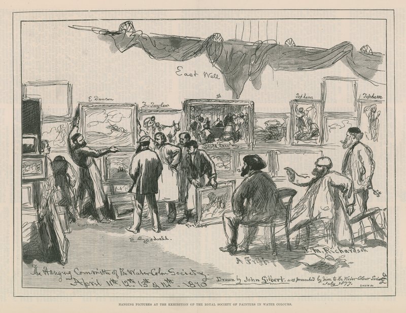 Colgando cuadros en la exposición de la Real Sociedad de Pintores en Acuarela de English School