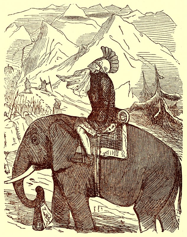 Aníbal cruzando los Alpes, ilustración de La Historia Cómica de Roma de Gilbert Abbott a Beckett, publicada c.1850 de English School