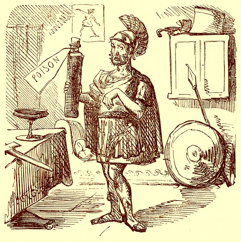 Aníbal hace el habitual discurso ingenioso y apropiado antes de suicidarse, ilustración de La Historia Cómica de Roma de Gilbert Abbott a Beckett, publicada c.1850 de English School