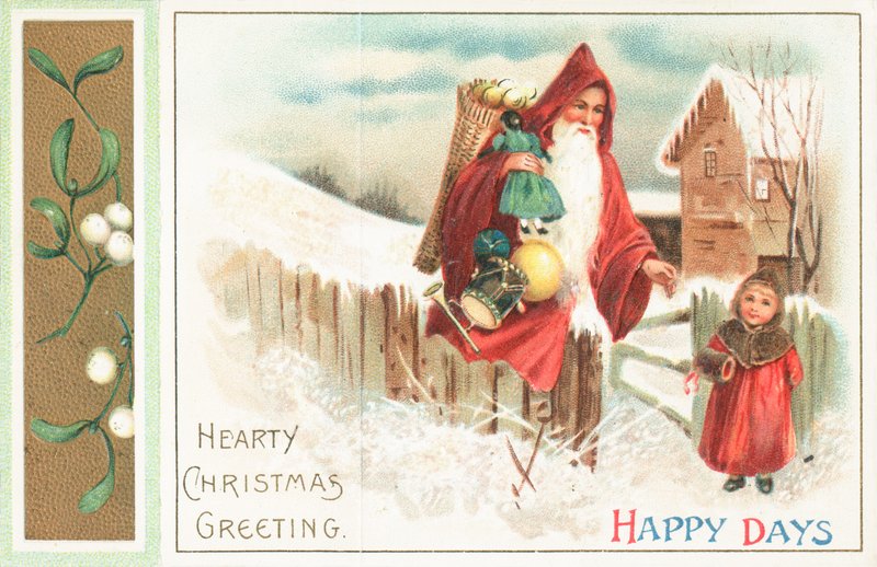 Días felices - Santa y niña, tarjeta de Navidad de English School