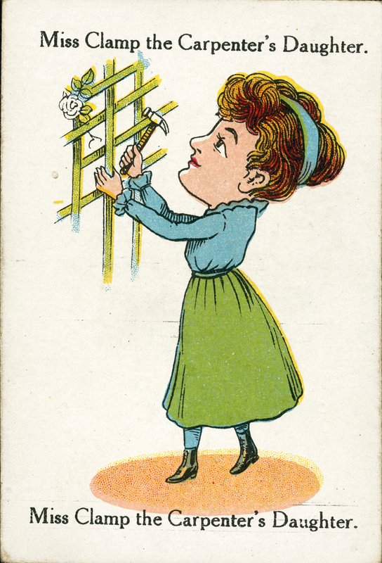 Familias felices, c 1920: Miss Clamp, la hija del carpintero (litografía en color) de English School