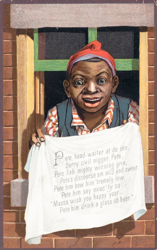 Hombre negro feliz mirando por la ventana, Tarjeta de Año Nuevo de English School
