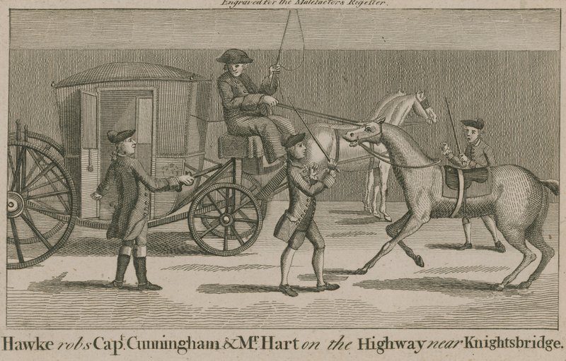Hawke roba al Capitán Cunningham y al Sr. Hart en el camino cerca de Knightsbridge de English School