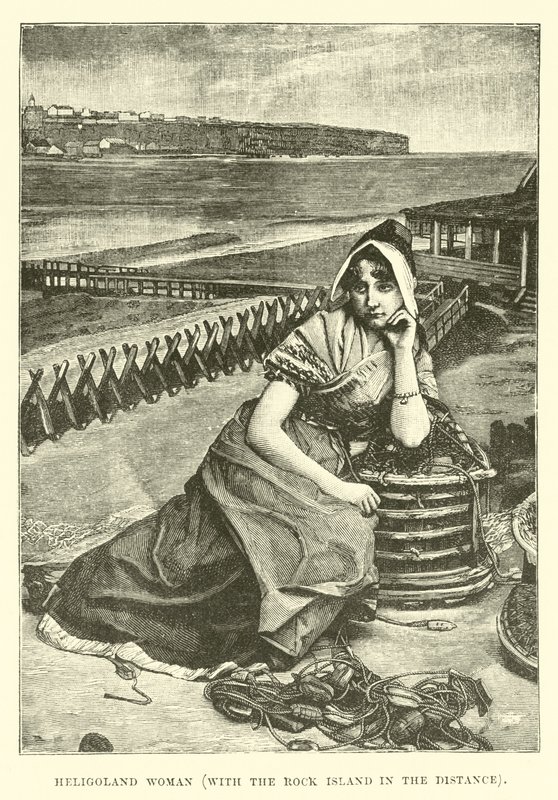Mujer de Heligoland, con la isla Rocosa en la distancia de English School