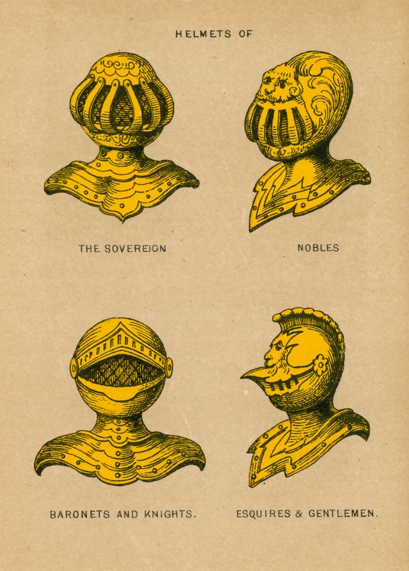 Cascos del soberano, nobles, baronetes y caballeros, escuderos y caballeros de English School