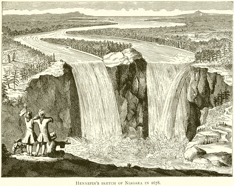 Boceto de Hennepin de las Cataratas del Niágara en 1678 de English School