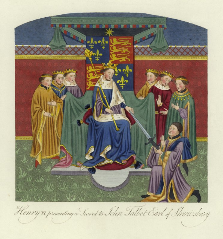 Enrique VI, Rey de Inglaterra, presentando una espada a John Talbot, Conde de Shrewsbury, siglo XV de English School