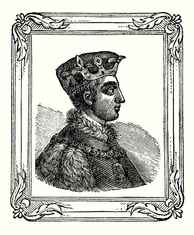 Enrique V nació en 1388, coronado en 1413, y murió en 1422 de English School