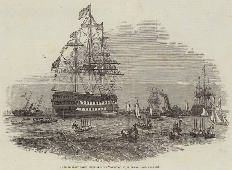 Su Majestad embarcando en el "Albion" en Spithead (grabado) de English School