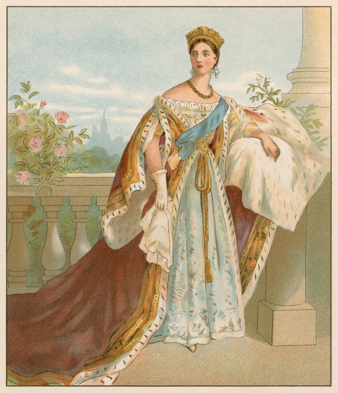 Su majestad en sus ropas de coronación de English School