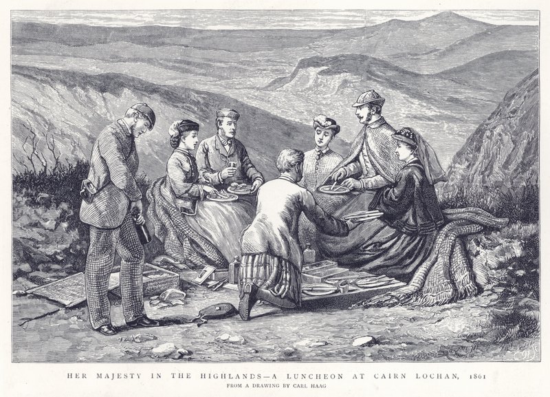 Su Majestad en las Tierras Altas - Un almuerzo en Cairn Lochan, 1861 de English School