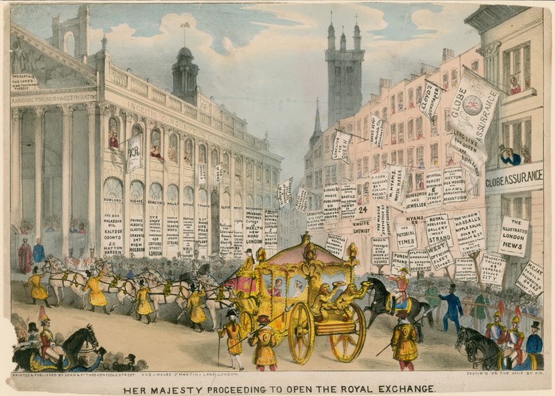 Su Majestad procediendo a abrir la Bolsa Real, Londres de English School