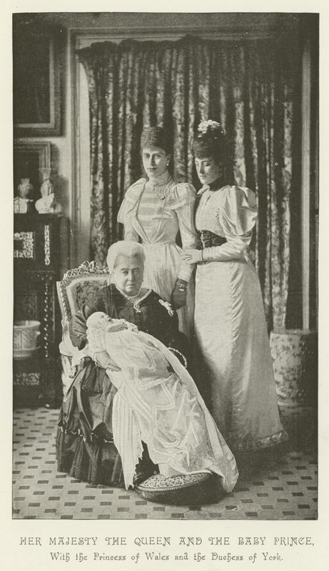 Su Majestad la Reina y el Príncipe Bebé, con la Princesa de Gales y la Duquesa de York de English School