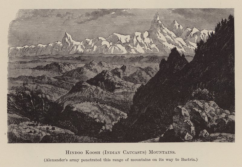 Hindoo Koosh, Cáucaso indio, montañas (grabado) de English School