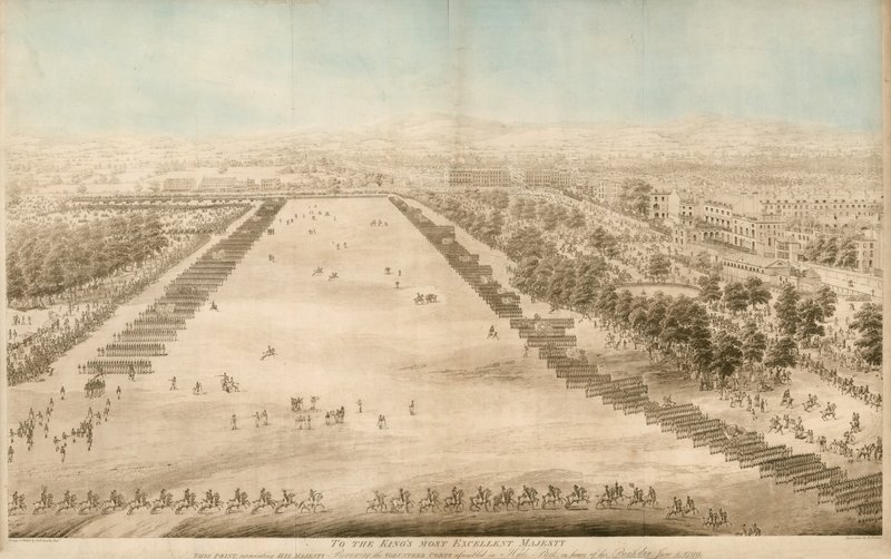 Su Majestad revisando el Cuerpo de Voluntarios reunido en Hyde Park, en honor de su Cumpleaños, 4 de junio de 1799 de English School