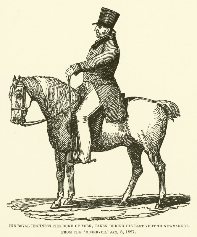 Su Alteza Real el Duque de York, tomado durante su última visita a Newmarket, del Observer, 8 de enero de 1827 (grabado) de English School
