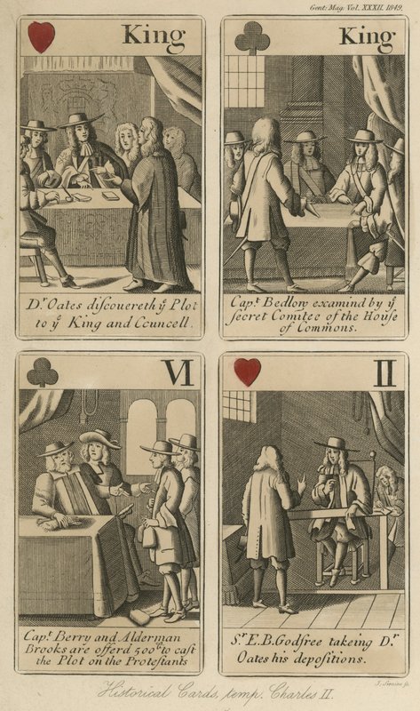 Cartas de juego históricas que relatan la historia del Rey Carlos II de English School