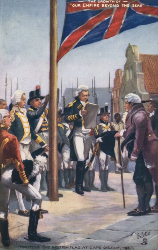 Izando la bandera británica en la Colonia del Cabo, 1796 de English School