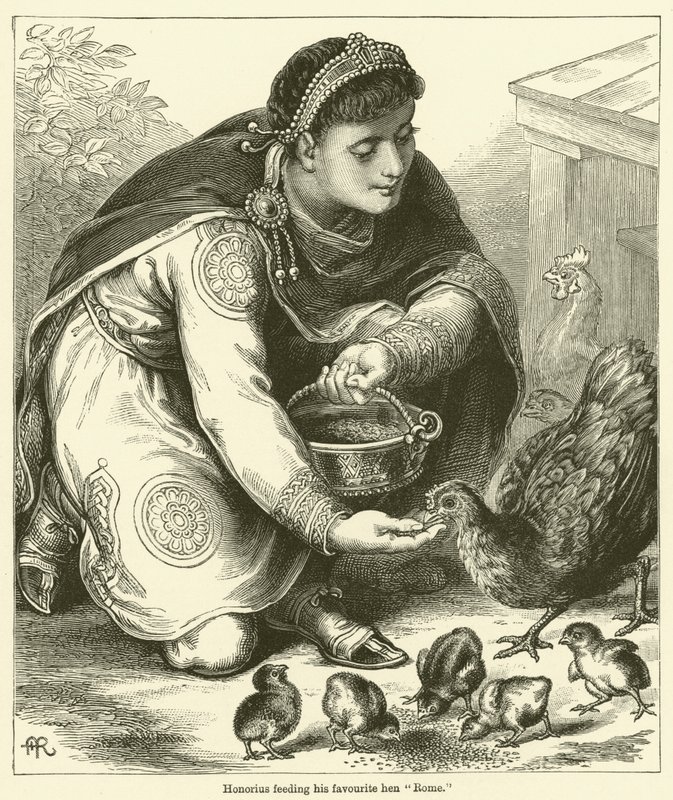 Honorio dando de comer a su gallina favorita "Roma" (grabado) de English School