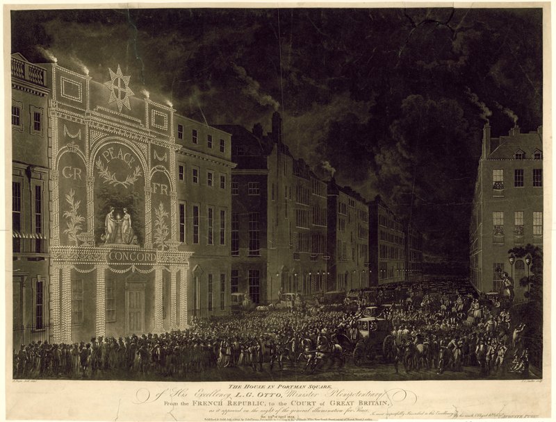 Casa en Portman Square del Embajador Francés, iluminada para celebrar la Paz, 29 de abril de 1802 de English School
