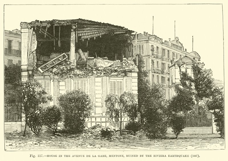 Casa en la Avenida de la Gare, Mentone, arruinada por el terremoto de la Riviera, 1887 de English School
