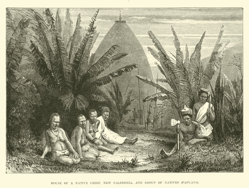Casa de un jefe nativo, Nueva Caledonia, y grupo de nativos, papúes de English School