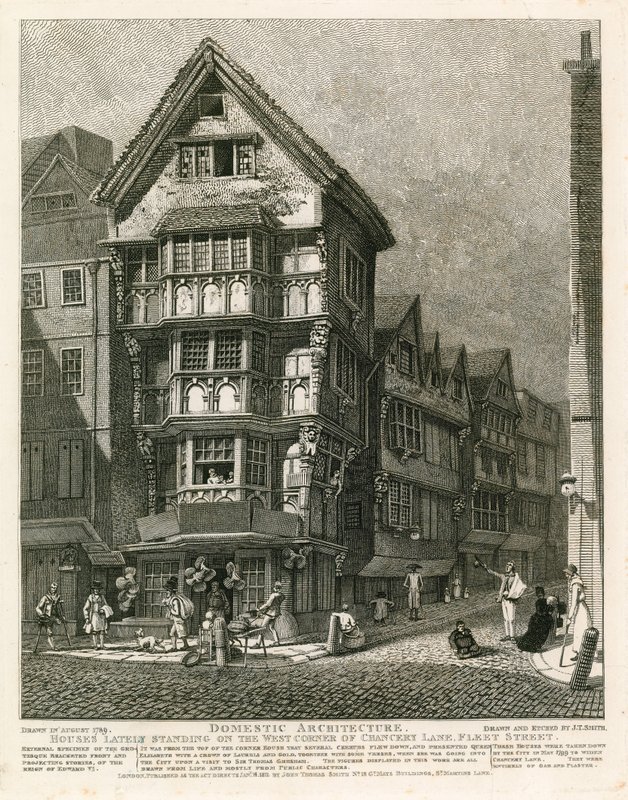 Casas recientemente situadas en la esquina oeste de Chancery Lane, Fleet Street, Londres de English School