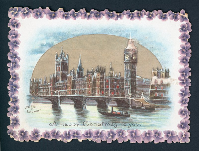 Casas del Parlamento en invierno, tarjeta de Navidad de English School