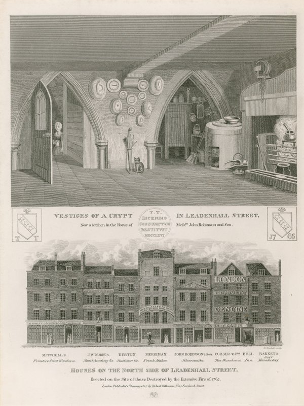 Casas en el lado norte de Leadenhall Street, erigidas en el sitio de las destruidas por el extenso incendio de 1765 de English School