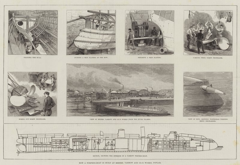 Cómo se construye un torpedero en los talleres de Messers Yarrow and Company, Poplar (grabado) de English School