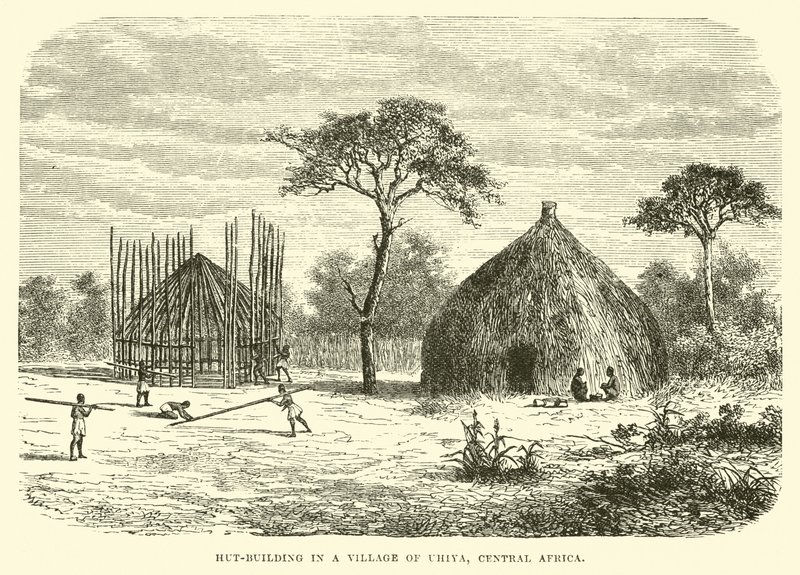 Construcción de chozas en un pueblo de Uhiya, África Central de English School