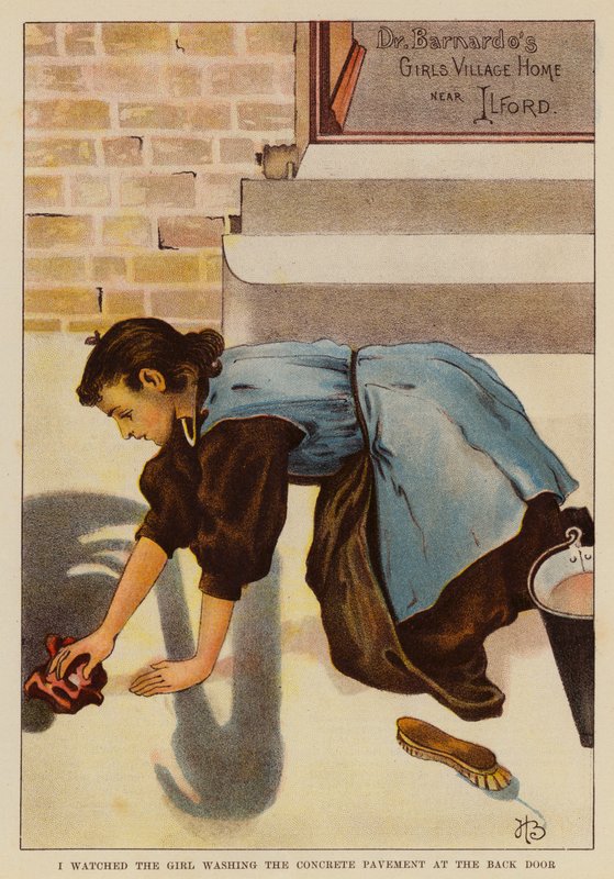 Vi a la chica lavando el pavimento de hormigón en la puerta trasera (litografía en color) de English School