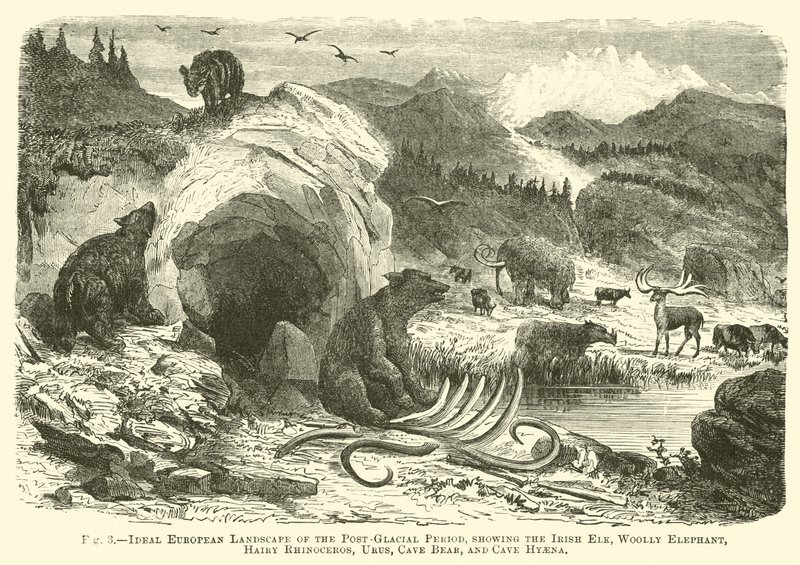 Paisaje europeo ideal del período post-glacial, mostrando el alce irlandés, elefante lanudo, rinoceronte peludo, uro, oso de las cavernas y hiena de las cavernas de English School