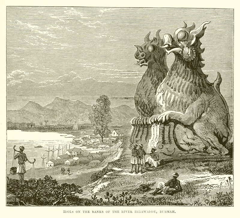 Ídolos en las orillas del río Irrawaddy, Birmania de English School