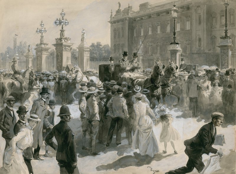 Enfermedad del Rey Eduardo VII, los doctores salen del Palacio, junio de 1902 de English School