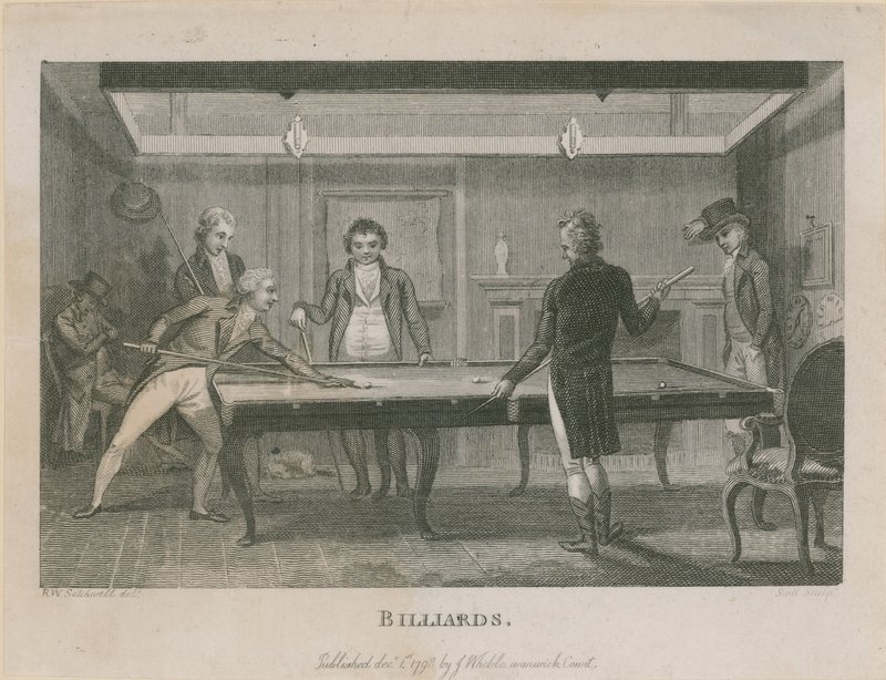 Ilustración que muestra a un grupo de hombres jugando al billar de English School