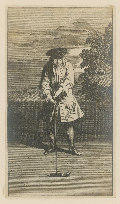 Ilustración que muestra a un hombre jugando al croquet de English School