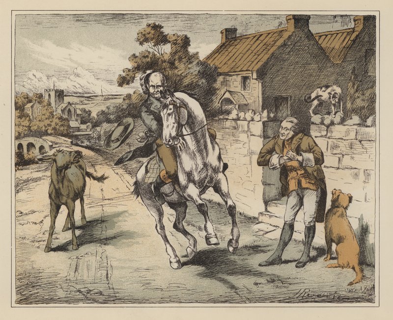 Ilustración para The Diverting History of John Gilpin de William Cowper (litografía en color) de English School