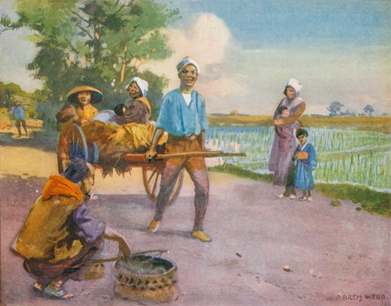En el lejano Japón, volviendo de los arrozales (litografía en color) de English School
