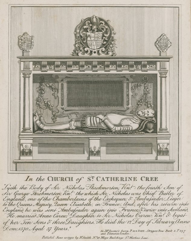 En la Iglesia de St Catherine Cree, yace el cuerpo de Sir Nicholas Throkmorton de English School