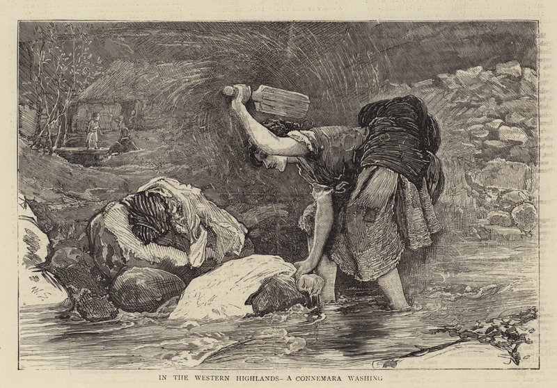 En las Tierras Altas del Oeste, un lavado en Connemara (grabado) de English School