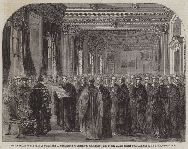 Inauguración del Duque de Devonshire como Canciller de la Universidad de Cambridge, el Orador Público leyendo el Discurso a Su Gracia (grabado) de English School
