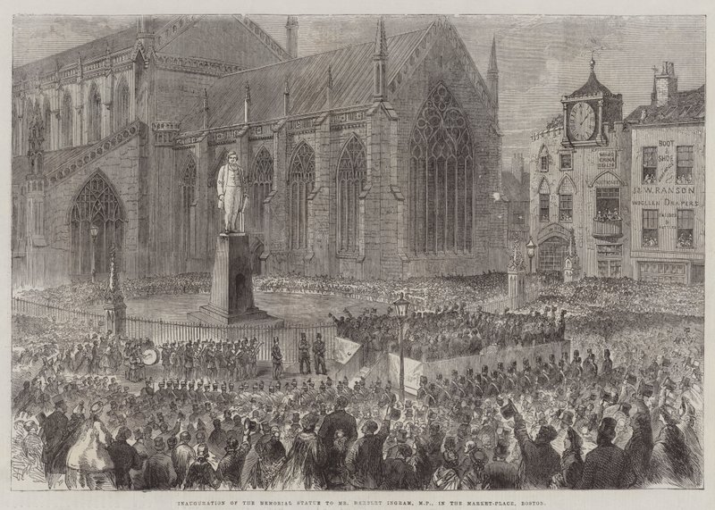 Inauguración de la Estatua Conmemorativa al Sr. Herbert Ingram, MP, en la Plaza del Mercado, Boston de English School