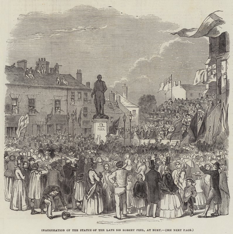 Inauguración de la estatua del difunto Sir Robert Peel en Bury (grabado) de English School