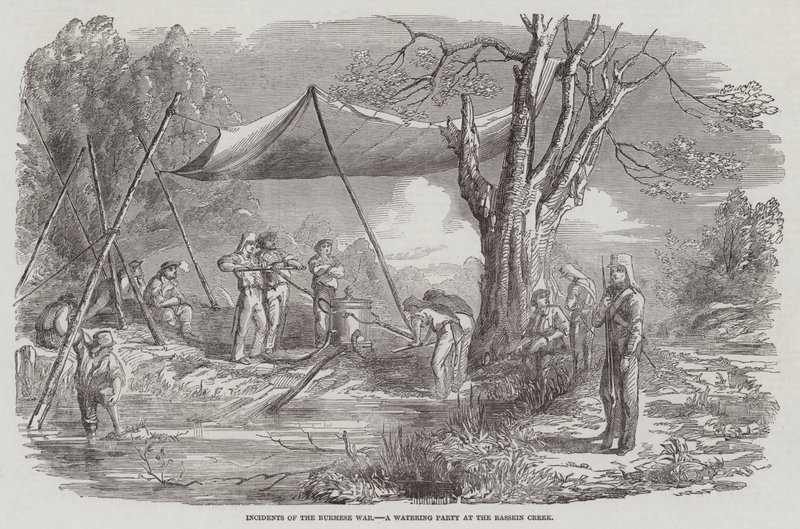 Incidentes de la Guerra Birmana, una Fiesta de Agua en el Arroyo Bassein (grabado) de English School