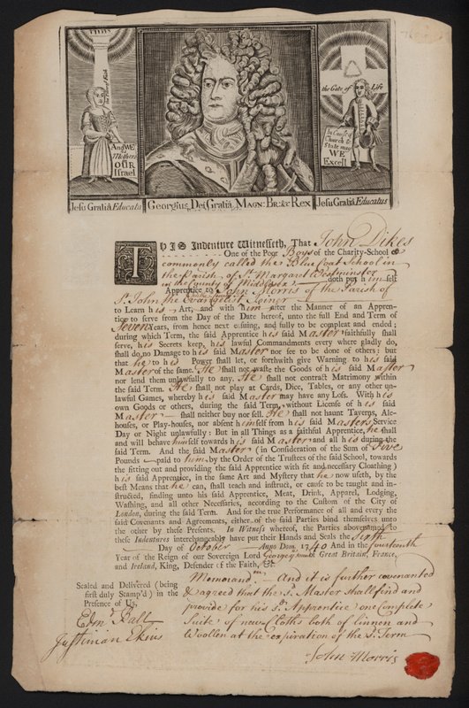 Contrato de aprendizaje para un niño de la escuela de caridad Bluecoat de Westminster, Londres. de English School