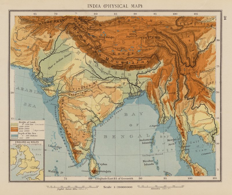 India, Mapa físico (litografía en color) de English School